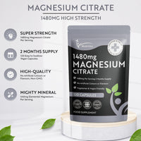 Multivita Magnesium Citrate 1,480mg 120 Vegan Capsules 2 Months Supply - Providing 440mg Elemental Magnesium Per Serving - Magnesium Capsules not Magnesium Tablets - High Strength Magnesium Supplement GMO Free
