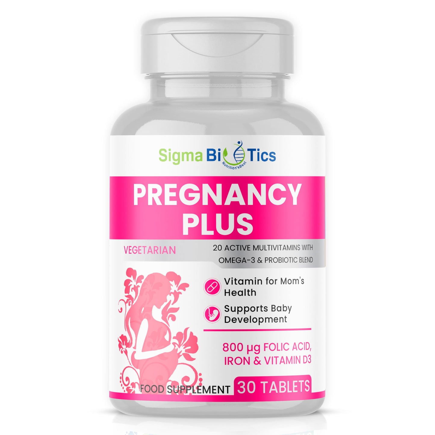 SigmaBiotics Pregnancy Tablets 20 Multivitamin with 800µg Folic Acid, D3, Iron, DHA, Omega-3, Probiotics Blend, Magnesium, All Trimester Pregnancy Support – 30 Vegetarian Tablets – One Month Supply