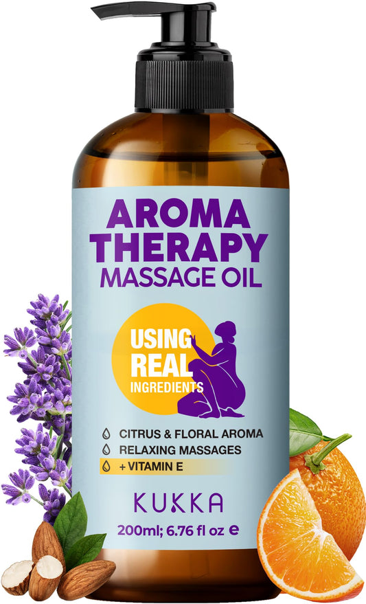 KUKKA essential oils KUKKA Aromatherapy Massage Oil - 6.76 fl oz - Enriched with Vitamin E, Sweet Almond, Lavender & Sweet Orange Oils - for All Skin Types, Men & Women - Massage Oil for Muscles, Legs & Body