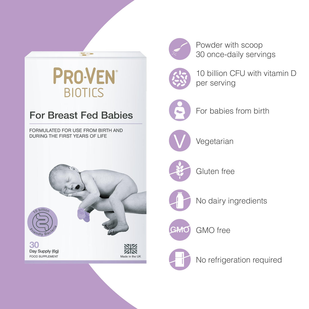 Pro-Ven Probiotics for Breast Fed Babies | 10 Billion Live Bacteria Powder with Vitamin D | Daily Microbiome Support from Birth - Gentle for Newborns Infants and Toddlers | Scoop Included