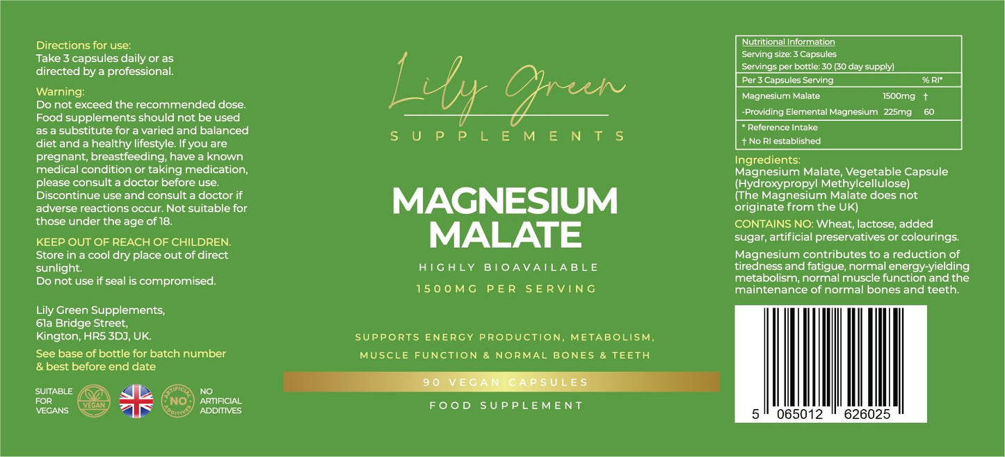 Lily Green Supplements Lily Green | Magnesium Malate 1500mg per Serving | 90 Vegan Caps | Supports Energy, Muscle Function, Nervous System, Normal Bones & Teeth | No Artificial Fillers | Made in UK