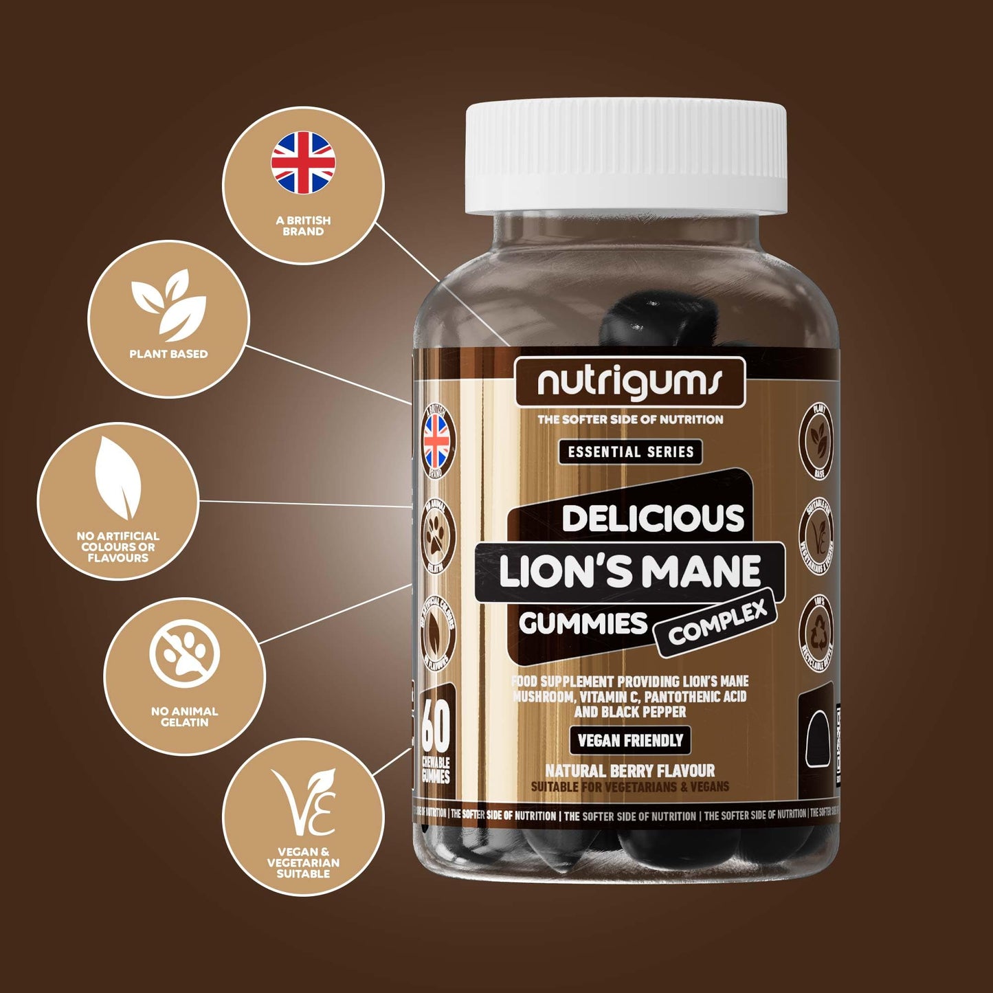Nutrigums Lion's Mane Mushroom Gummies 2500mg High Strength | 60 Vegan Brain & Focus Supplements | with Vitamins & Black Pepper Extract | Mental Performance & Tiredness Support | Berry Flavour by NUTRIGUMS®