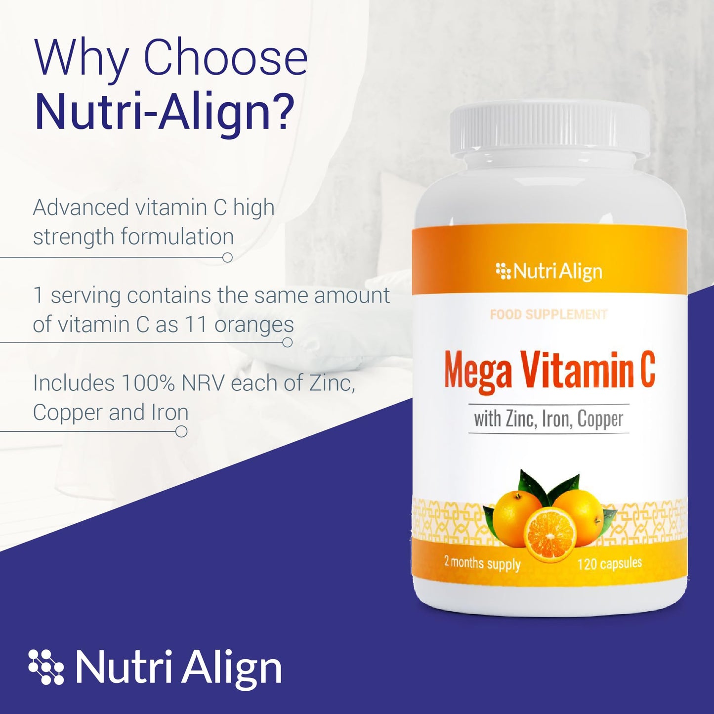 Nutri-Align Mega Vitamin C | 120 High Strength Vitamin C Capsules 1000mg VIT C per Serving - VIT C and Zinc, Iron & Copper Supplement | Gluten & Sugar Free | Made in the UK