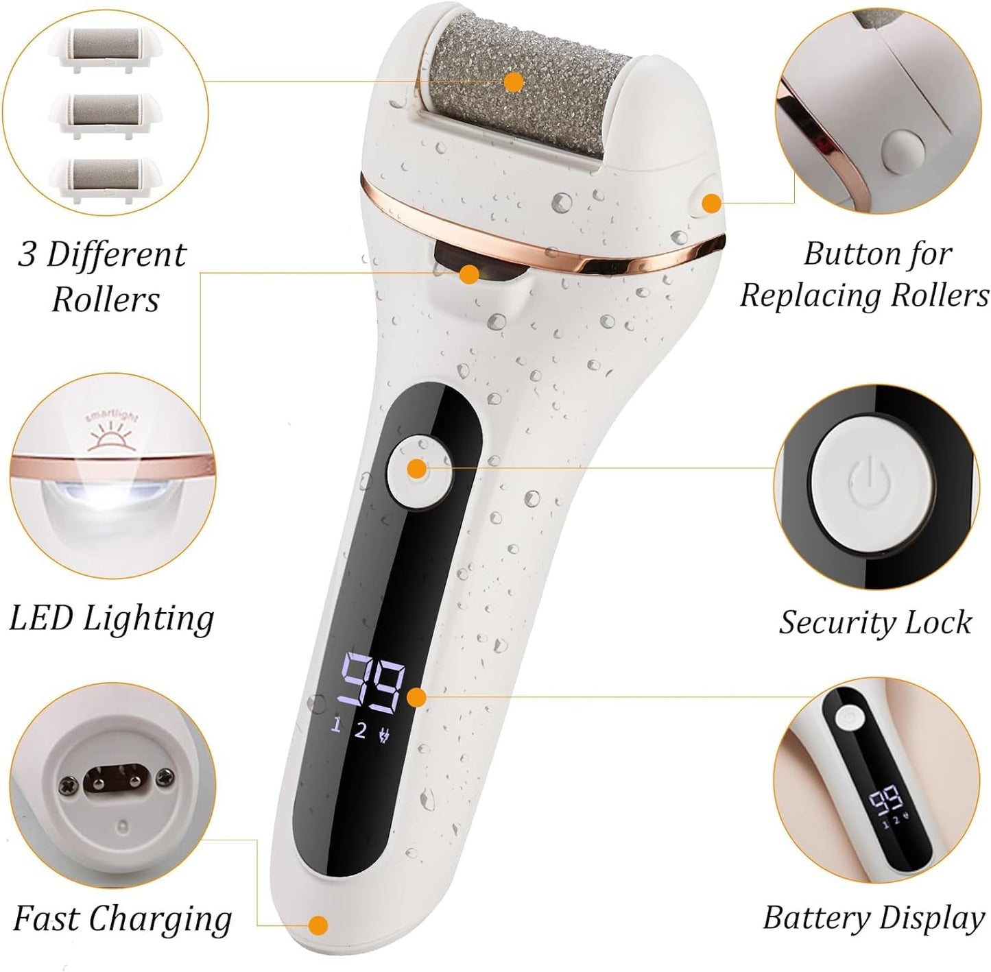 Swhily Foot Callus Remover, Professional Electric Pedicure Callus Remover, Rechargeable Foot File with 6 Roller Heads for Feet Care