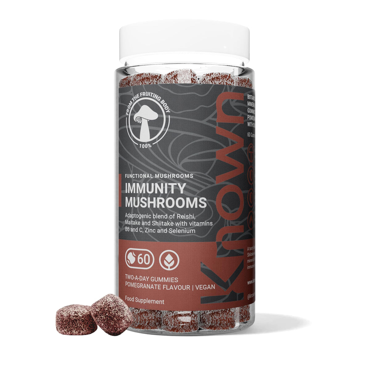 Known Tasty Immunity Mushrooms Gummies - Reishi, Maitake, Vitamin C, Zinc & Selenium - Natural Pomegranate Flavour - 60 Vegan Gummies, 1 Month Supply