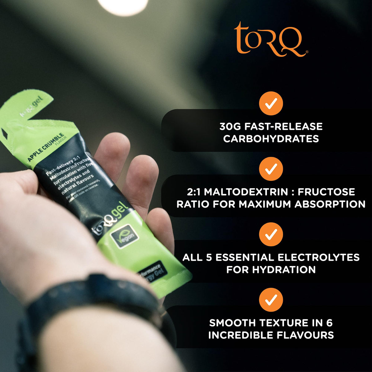 TORQ Running Gels with Caffeine & Electrolytes - 2:1 Maltodextrin: Fructose for Endurance Sports & Optimal Performance | Energy Gels for Running, Cycling & Sport - 89mg Guarana | 6 Pack Sample Box