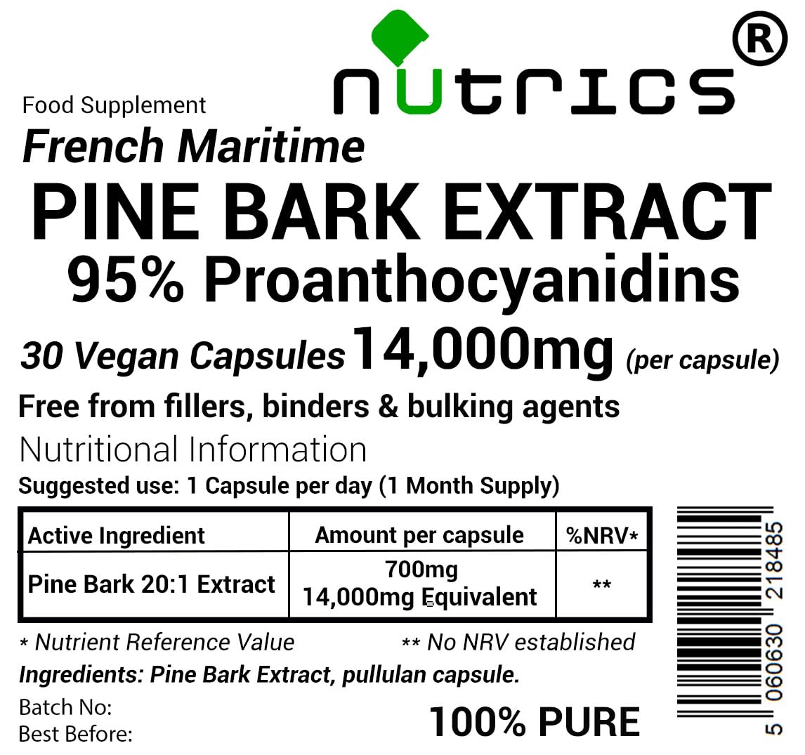Nutrics 14000mg French Maritime Pine BARK Extract 95% Proanthocyanidins Pure 30 V Capsules (1 Month Supply) - Suitable for Vegan Vegetarian (30)