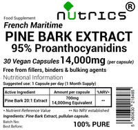 Nutrics 14000mg French Maritime Pine BARK Extract 95% Proanthocyanidins Pure 30 V Capsules (1 Month Supply) - Suitable for Vegan Vegetarian (30)