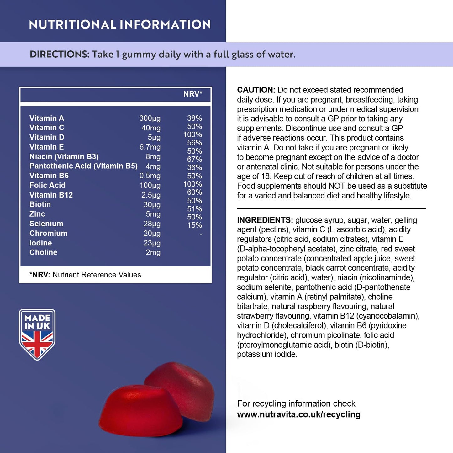 Multivitamin Gummies for Women & Men - 60 Vegan Gummies (2 Month Supply) - 14 Essential Vitamins & Minerals with Vitamin C A D B12 Biotin Zinc - Berry Flavour Chewable Adult Multi Vitamins - Nutravita
