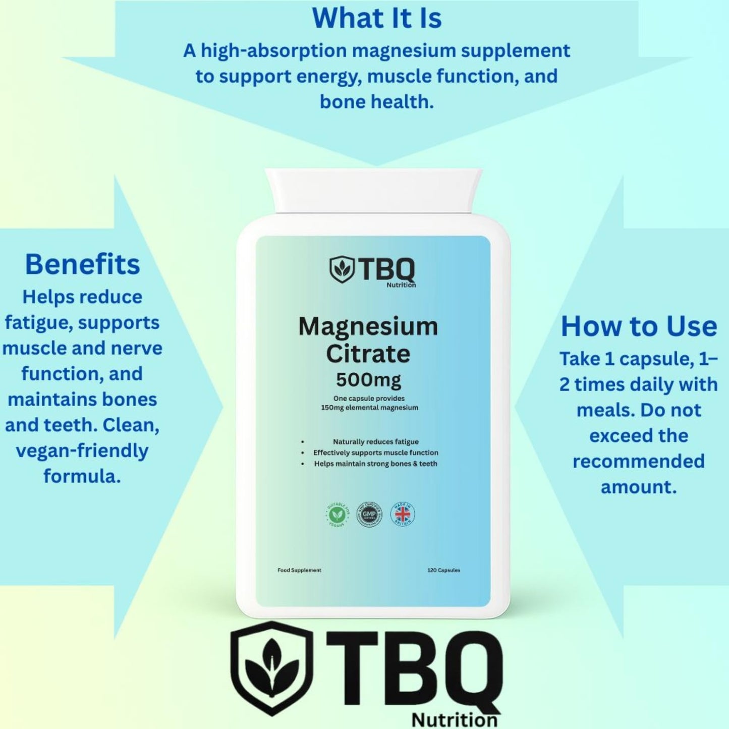 TBQ Nutrition Magnesium Citrate 500mg – 120 Vegan Capsules | High Absorption with 150mg Elemental Magnesium | Supports Energy, Muscle, Nerves & Bone Health | UK-Made, Clean Formula