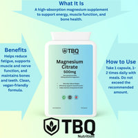 TBQ Nutrition Magnesium Citrate 500mg – 120 Vegan Capsules | High Absorption with 150mg Elemental Magnesium | Supports Energy, Muscle, Nerves & Bone Health | UK-Made, Clean Formula