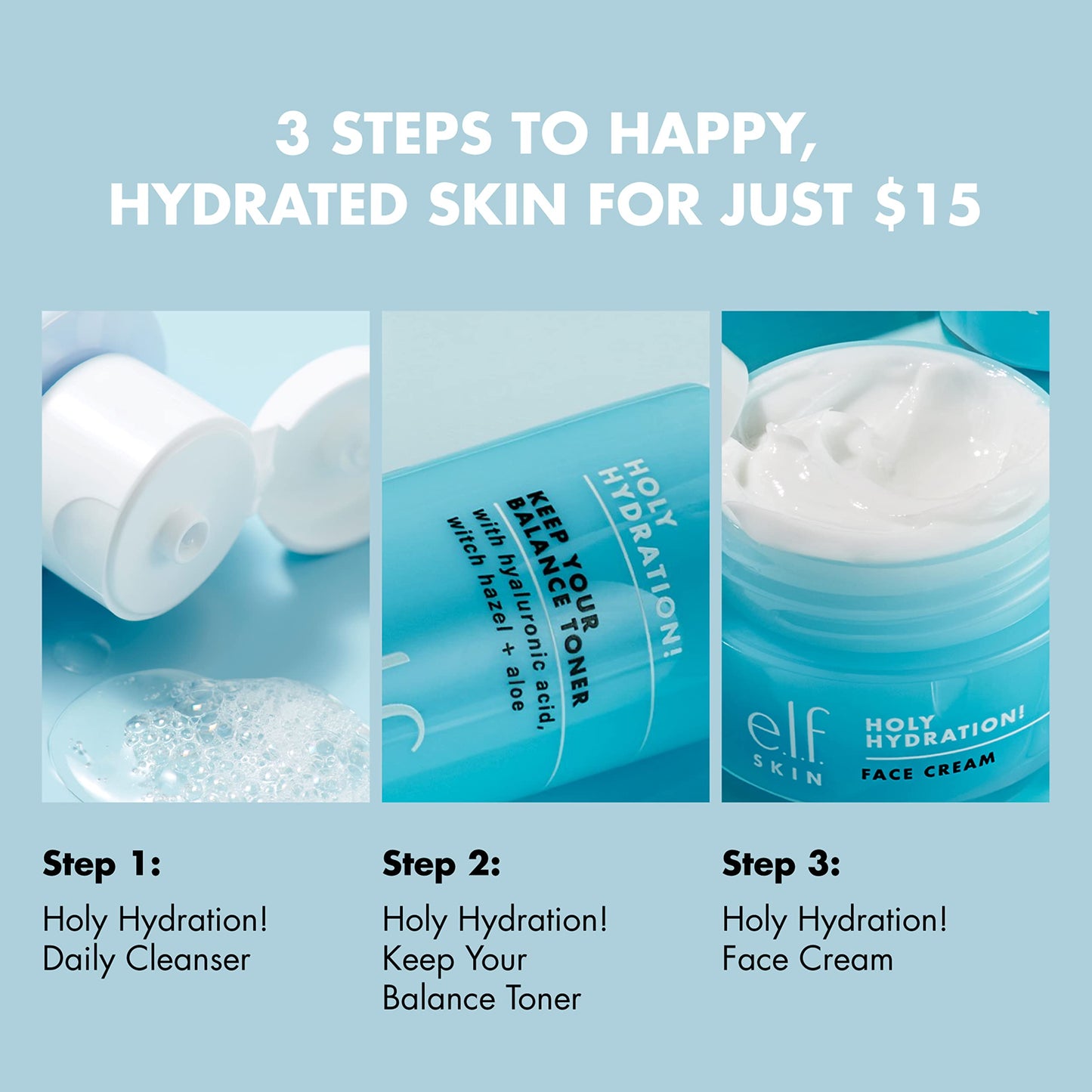 e.l.f. SKIN Holy Hydration! The Essentials Mini Kit, Cleanser, Toner & Moisturiser For Hydrated & Balanced Skin, TSA-friendly Sizes