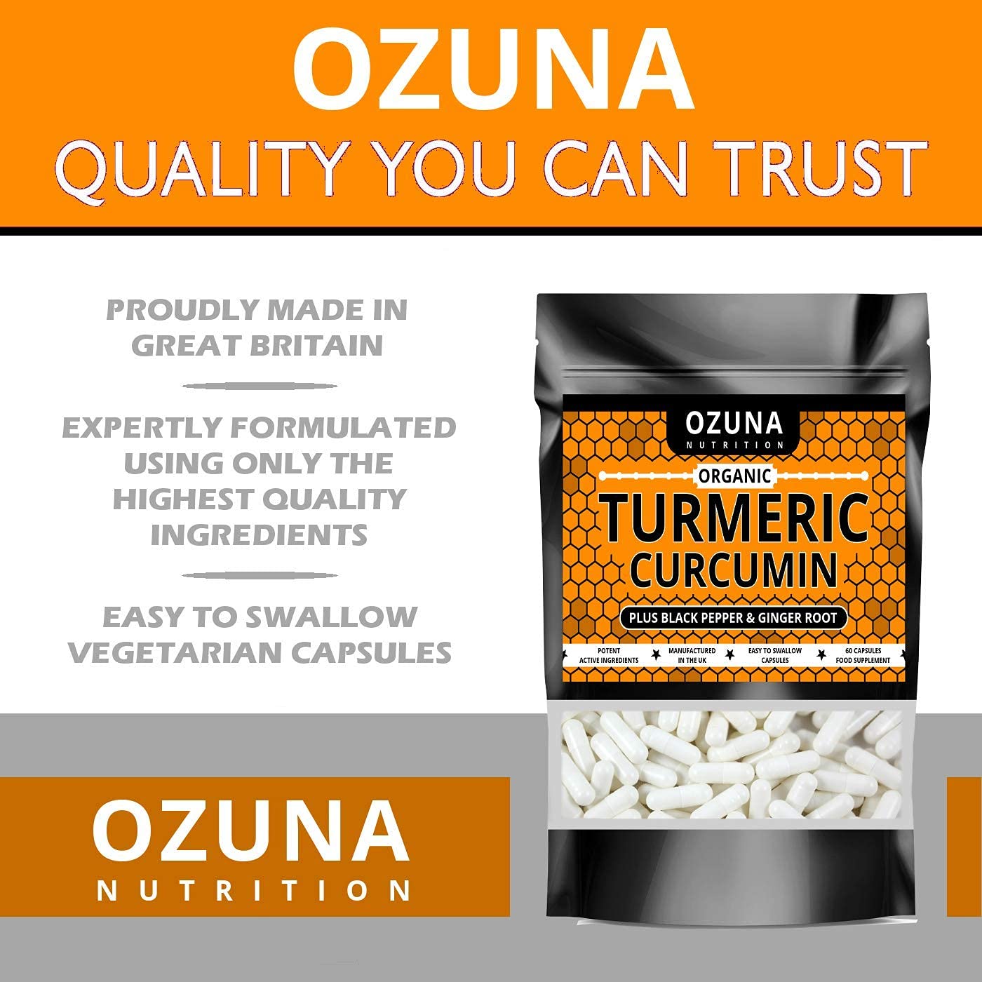 OZUNA NUTRITION Organic Turmeric Capsules High Strength Curcumin with Black Pepper and Ginger 1812mg | 60 Capsules