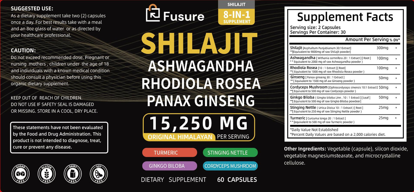 Fusure Shilajit Ashwagandha, Rhodiola Rosea, Panax Ginseng Supplement Capsules for Energy and Health