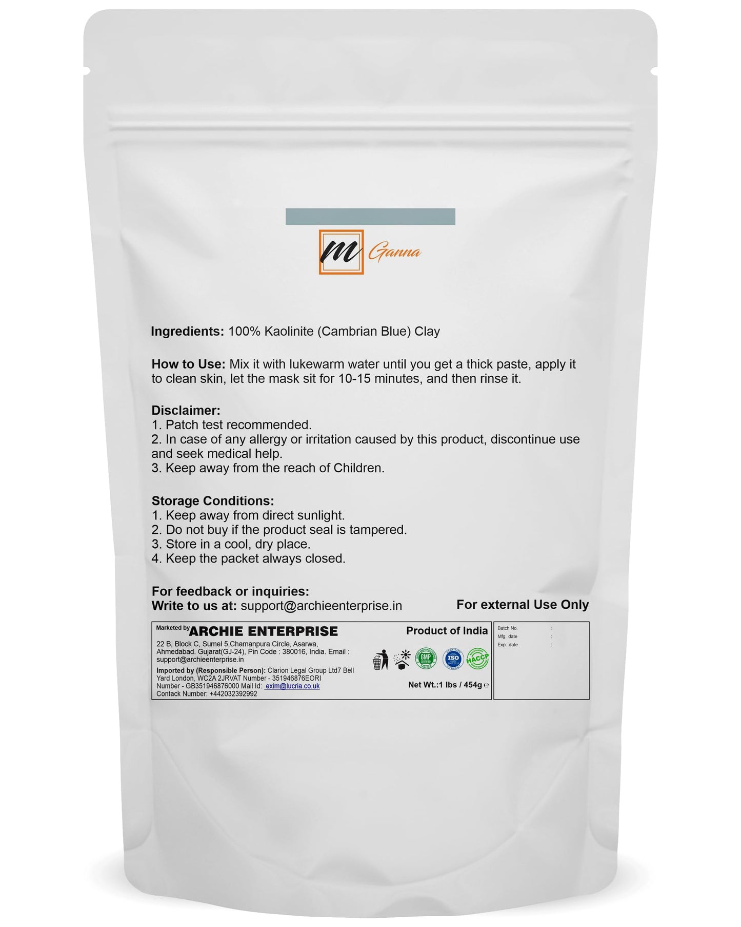 mGanna 100% Natural Cambrian/Serbian Blue Clay for Facial Masks, Creams, Body Wraps, Soft Peels, Scrubs, and Soap Making 100 GMS 0.22 LBS