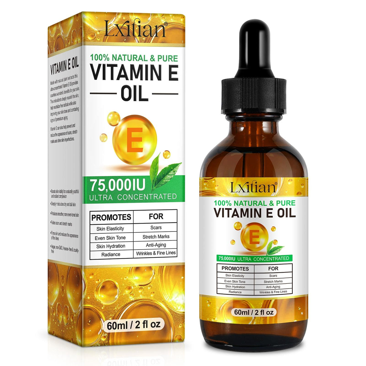 herlosfeel Pure Vitamin E Oil for Skin, 100% Natural Organic Vitamin E Oil for Face & Hair, Hair Skin and Nails Vitamins for Wrinkles, Dryness,Scars & Stretch Marks, Anti-Aging, Improve Elasticity & Even Tone