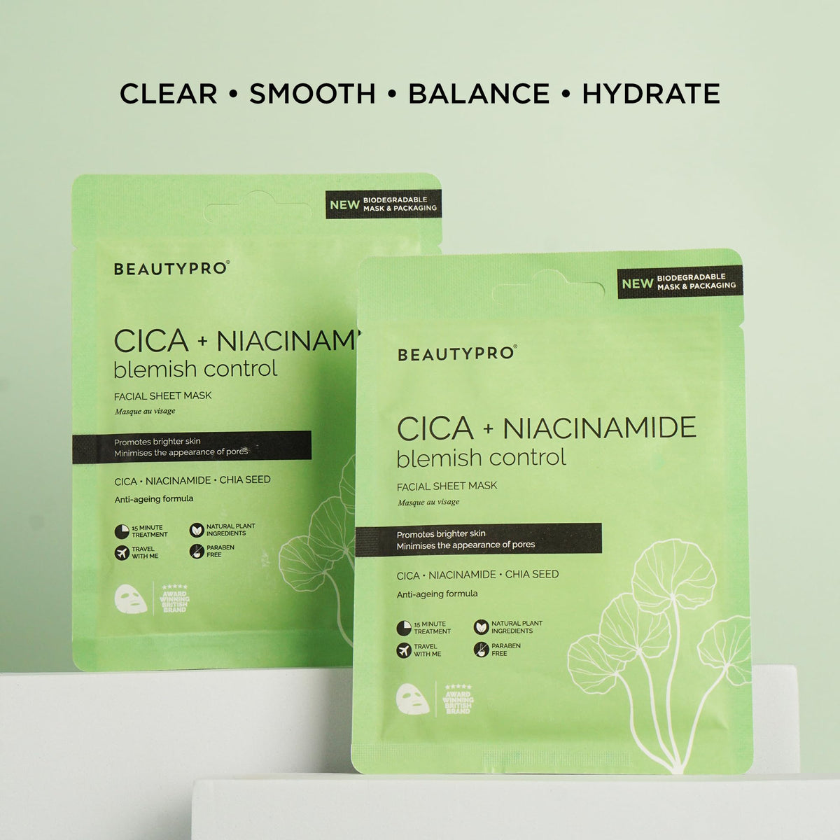 BeautyPro BEAUTYPRO CICA NIACINAMIDE BLEMISH CONTROL Anto-Ageing Face Sheet Mask Oil Control Redness & Pores Hydrating Bamboo Vegan K-Beauty Plant Based 100% Biodegradable Skincare Multi Award Winning Brand