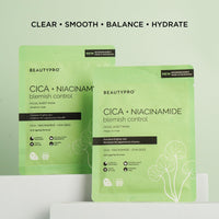 BeautyPro BEAUTYPRO CICA NIACINAMIDE BLEMISH CONTROL Anto-Ageing Face Sheet Mask Oil Control Redness & Pores Hydrating Bamboo Vegan K-Beauty Plant Based 100% Biodegradable Skincare Multi Award Winning Brand