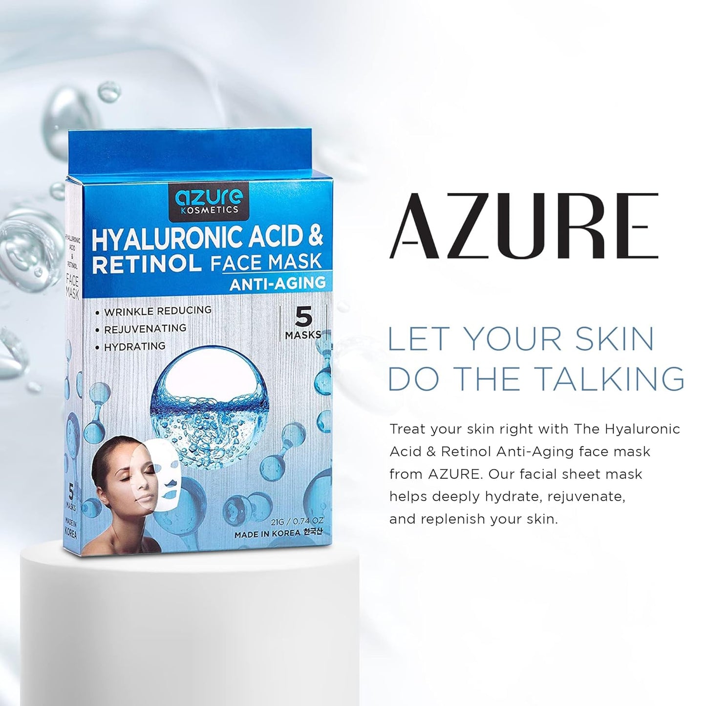 AZURE Hyaluronic Acid & Retinol Anti Aging Facial Mask - Dermatologist Tested - Rejuvenating & Hydrating Face Mask - Helps Reduce Fine Lines & Wrinkles, Smooths & Repairs - Korean Skin Care - 5 Pack