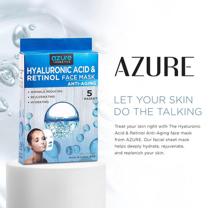 AZURE Hyaluronic Acid & Retinol Anti Aging Facial Mask - Dermatologist Tested - Rejuvenating & Hydrating Face Mask - Helps Reduce Fine Lines & Wrinkles, Smooths & Repairs - Korean Skin Care - 5 Pack