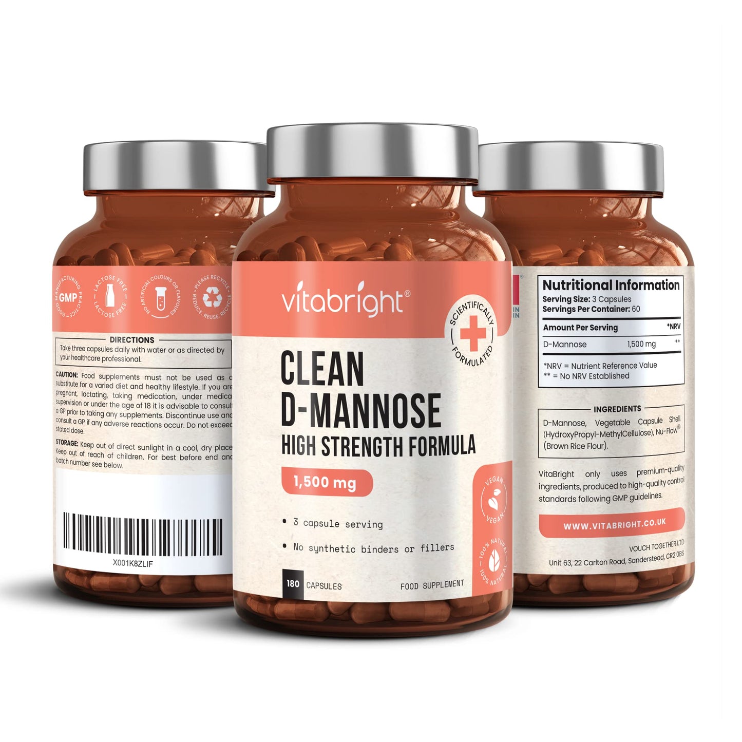 D-Mannose Capsules - High Strength 1500mg per Serving of 3 Capsules - 180 Capsules (60 Day Supply) - Contributes to Healthy Urinary Tract & Bladder - Natural Ingredients - Made in UK by VitaBright