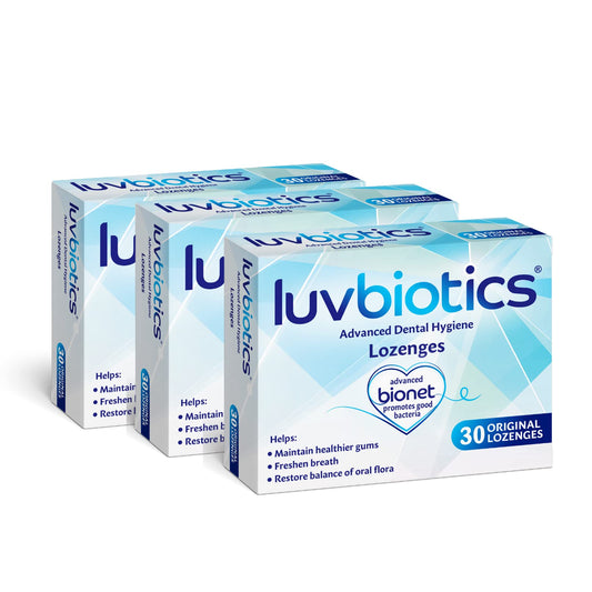 luv biotics Original Lozenges with Probiotics & Xylitol promotes good bacteria for healthy gums, fresh breath & cavity protection. No artificial colours/sweeteners and preservatives. 3 pack of 30's