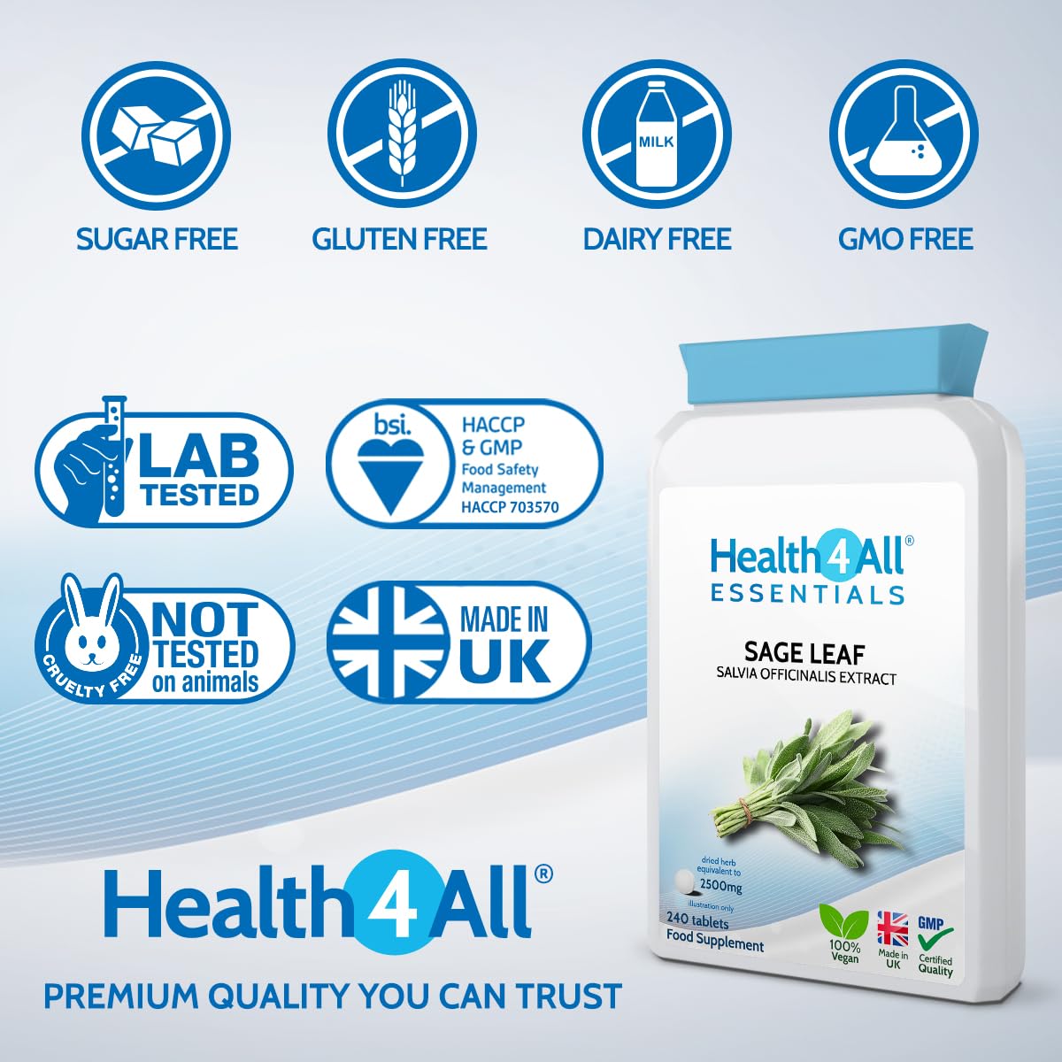 Health4All Sage Leaf 2500mg 240 Tablets (8 Month Supply) Essentials Sage Leaf Tablets for Menopause Support Vegan Herbal Supplement