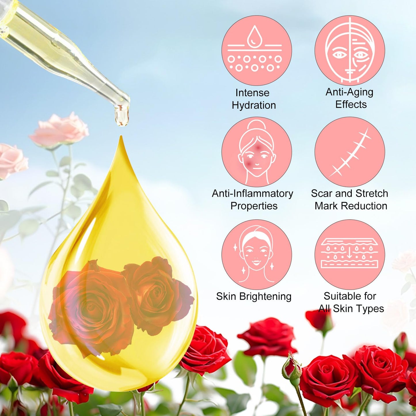 RoongDuuDll Vitamin E Oil for Face with Rose Essential Oil, Gua Sha Facial Oil, Vitamin E Face Oil for Anti-aging, Scars & Stretch Mark, Natural Massage Body Oil Scented for Dry Skin, Scalp and Nail - 60ml