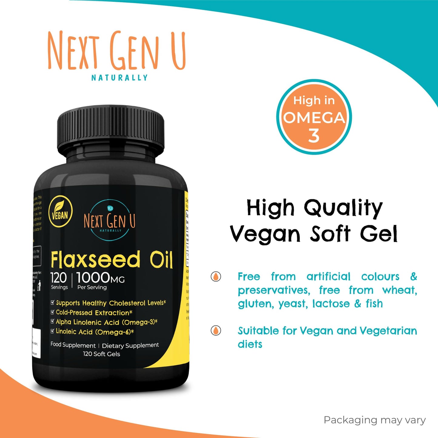 NGU Next Gen U Flaxseed Oil Capsules - 1000 mg - 120 Vegan Soft Gels - High in Omega 3, 6, 9 - Cold Pressed Flax Seed Formula - 4 Months Supply - by NextGenU