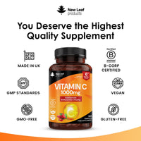 NEW LEAF PRODUCTS Vitamin C Tablets 1000mg - Enriched with Bioflavonoids & Rosehip - Premium Vitamin C Supplements - 360 Vegan Vitamin C Tablets High Strength Ascorbic Acid VIT C for Normal Immune System UK Made