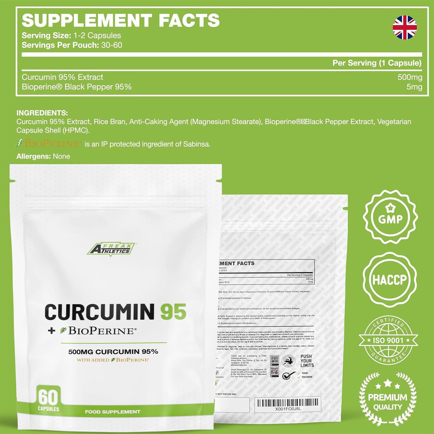 Freak Athletics Curcumin 95 + Bioperine® 60 Turmeric Curcumin Capsules High Strength with Black Pepper - Curcumin 95% & Black Pepper - Turmeric Curcumin UK Made…