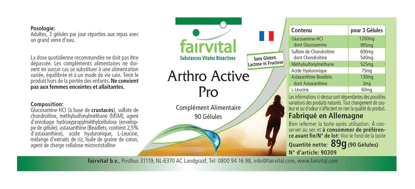 Fairvital | Arthro Active Pro - Glucosamine 1200 mg per Daily dose with chondrotin sulfate and MSM + hyaluronic Acid + astaxanthin - HIGH-Dosage - 90 Capsules - German Quality