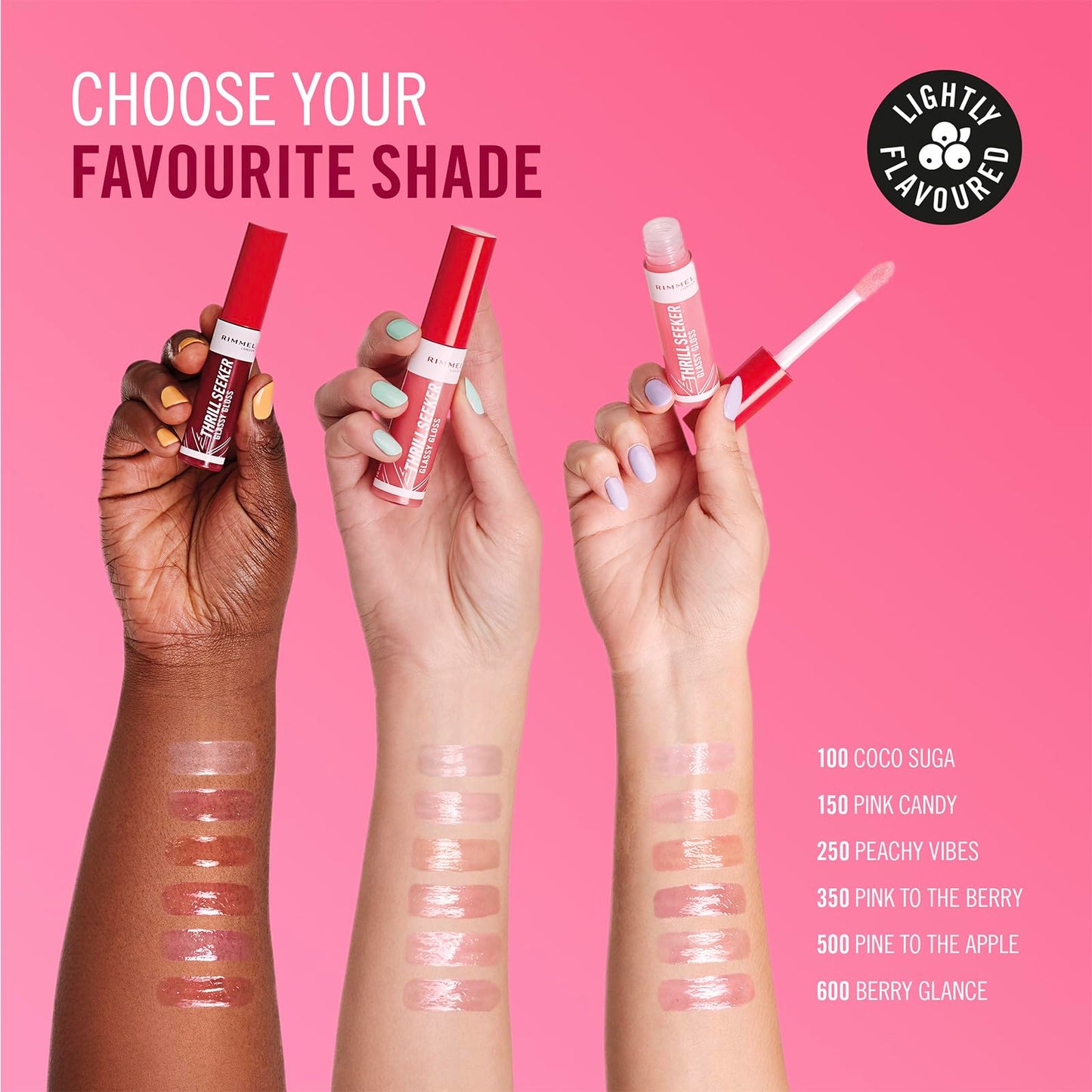 Rimmel Thrillseeker Glassy Gloss 500 Pine to the Apple, Hydrating Shine, Hyaluronic Acid, Anti-Oxidant Complex, Non-Sticky, Big Applicator, Healthy-Looking Lips, Delicious Scent, Vegan, Cruelty Free