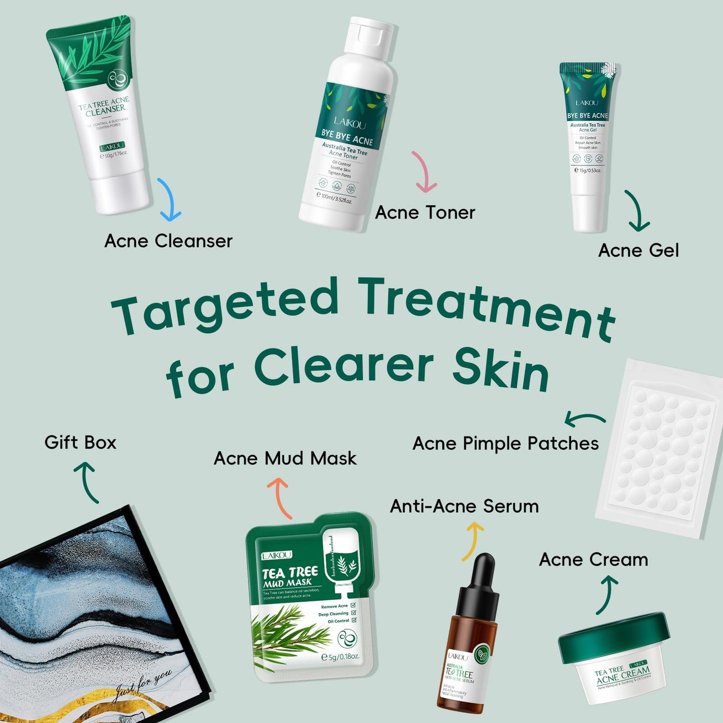 LAIKOU Tea Tree Skincare Set , Anti-Acne Face Care Kit with Cleanser, Toner, Serum, Spot Gel, Cream, Mud Mask & Pimple Patches, Oil Control & Soothing for Teenage Girls, Women & All Skin Types