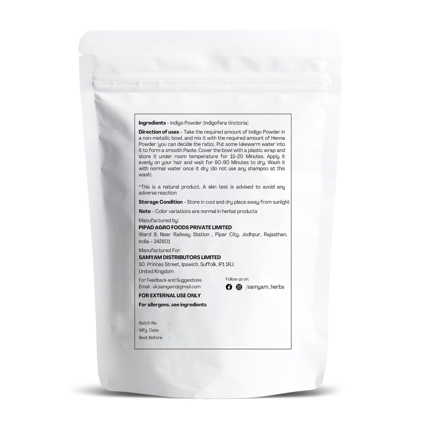 SAMYAM Natural Indigo Powder - 200g Pack | Natural Hair Dye, Chemical and PPD Free