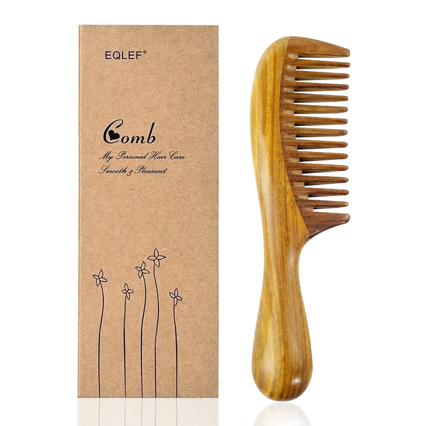 EQLEF Wide Tooth Wood Comb - Green Sandalwood Handmade Hair Comb for Men and Women