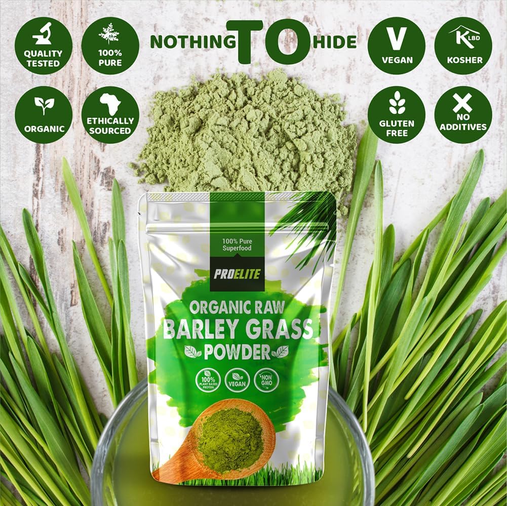 Organic Barley Grass Powder 250g - Certified Organic Grown in EU - 100% Raw Natural Gluten Free Superleaf Superfood Powder for Smoothies & Juices PROELITE
