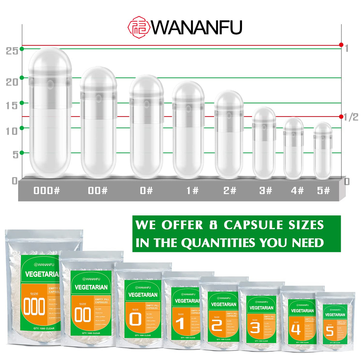 wananfu WANANFU Size 000 Empty Capsules Vegetarian (100 Count) Bundle with Micro Lab Spoon with Powder Tamper, Compatible with Capsule Filling Machine