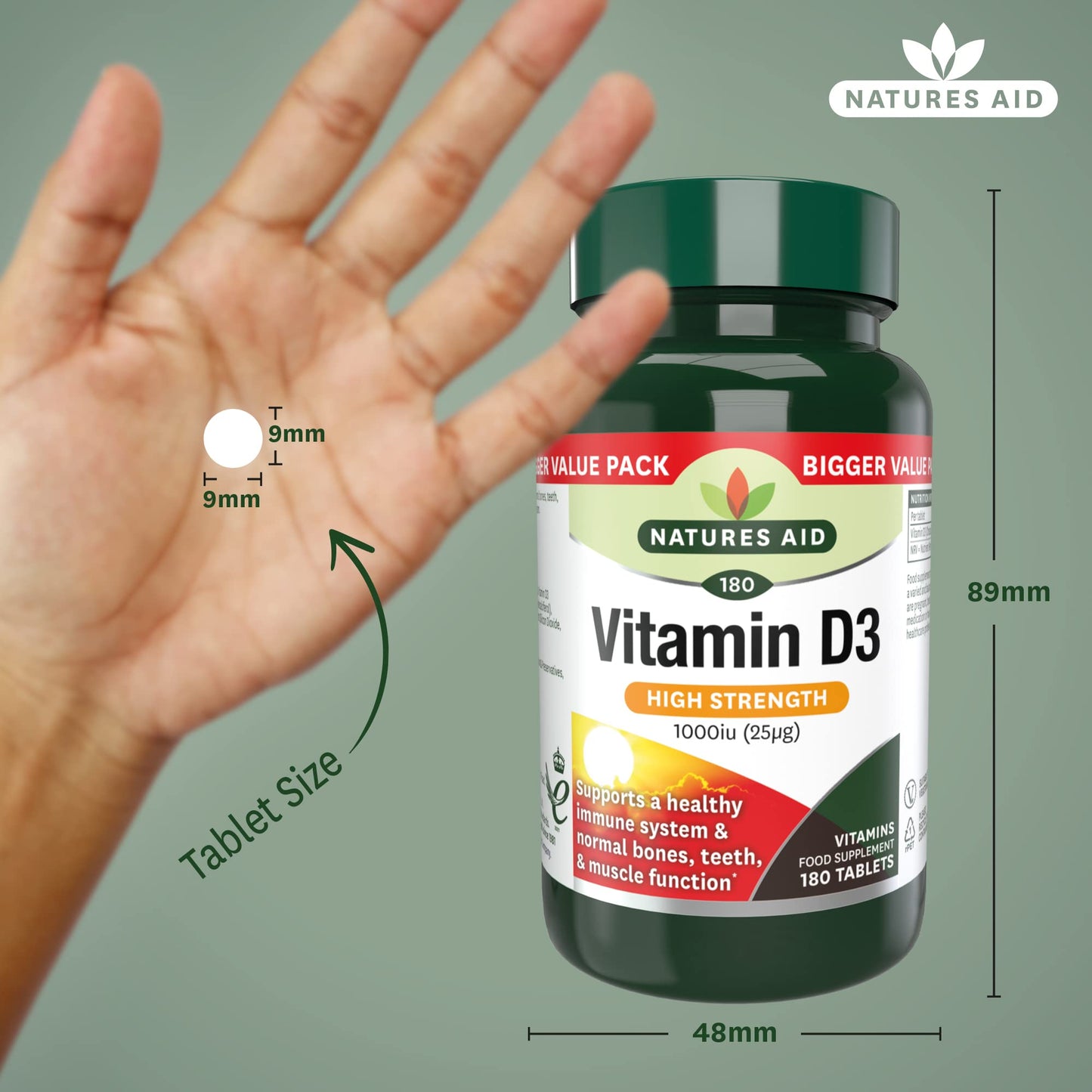 Natures Aid Vitamin D3 1000iu – High Strength Supplement for Bone, Muscle & Immune Support – Vegan, Non-GMO, Gluten-Free – Essential Nutrient – 180 Tablets