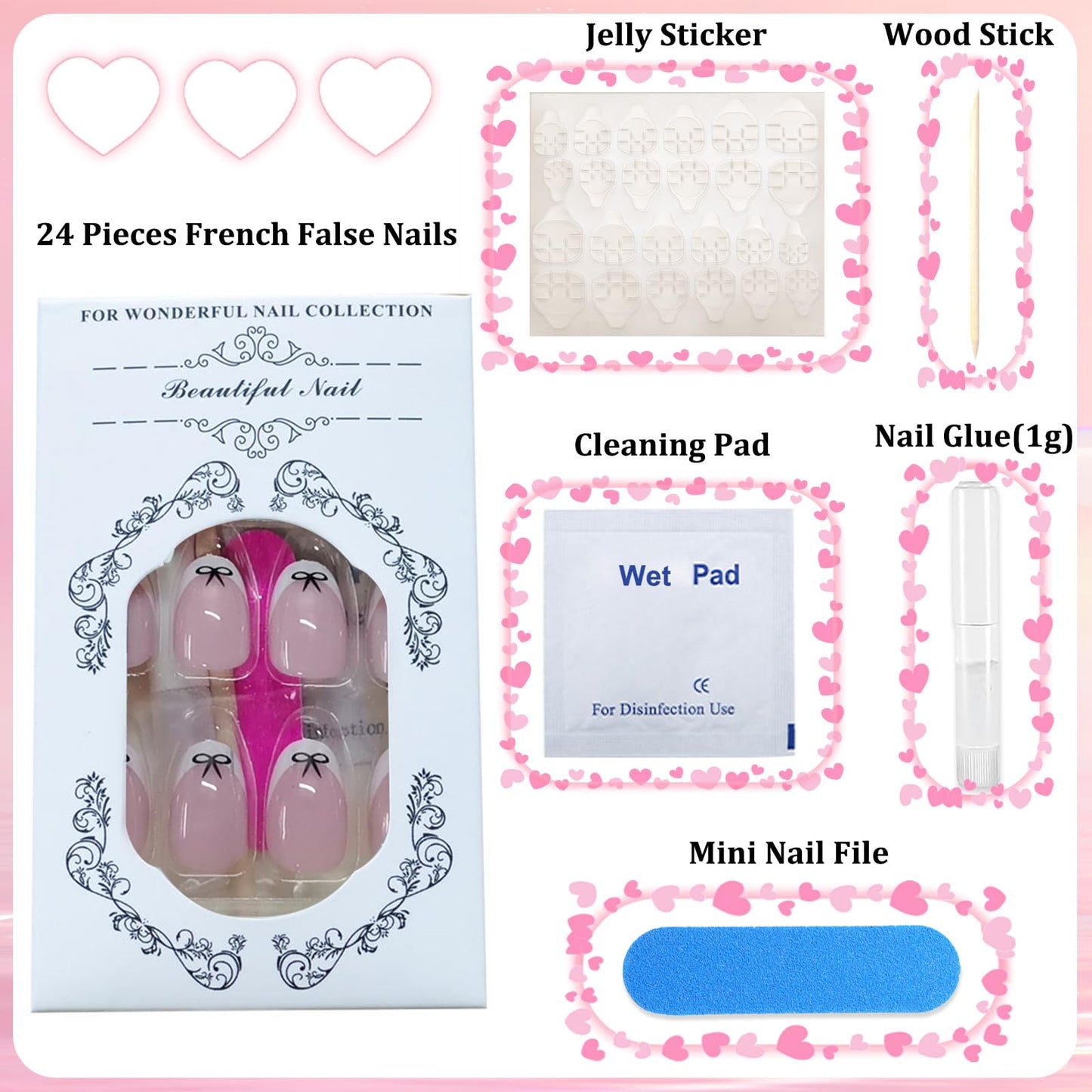 NLFOX 24pcs Short False Nails with Glue - French Tip Press on Nails Almond - Black Bow-Tie Stick on nails French Tip - Nude Fake Nails Glue on - Elegant Almond nail Tips Full Cover for Women Girls Long Last