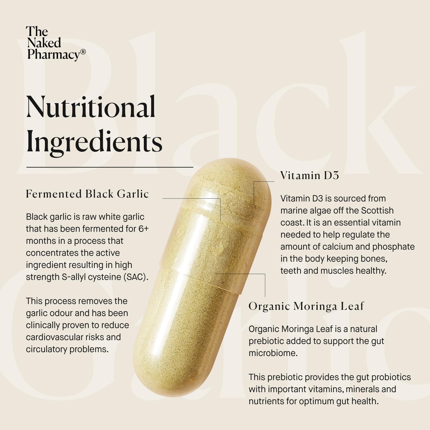 The Naked Pharmacy | Black Garlic Supplements | for Gut, Cardiovascular & Immune System | Healthy Circulation & Blood Pressure | with Vitamin D & Moringa | Odourless | 60 Capsules