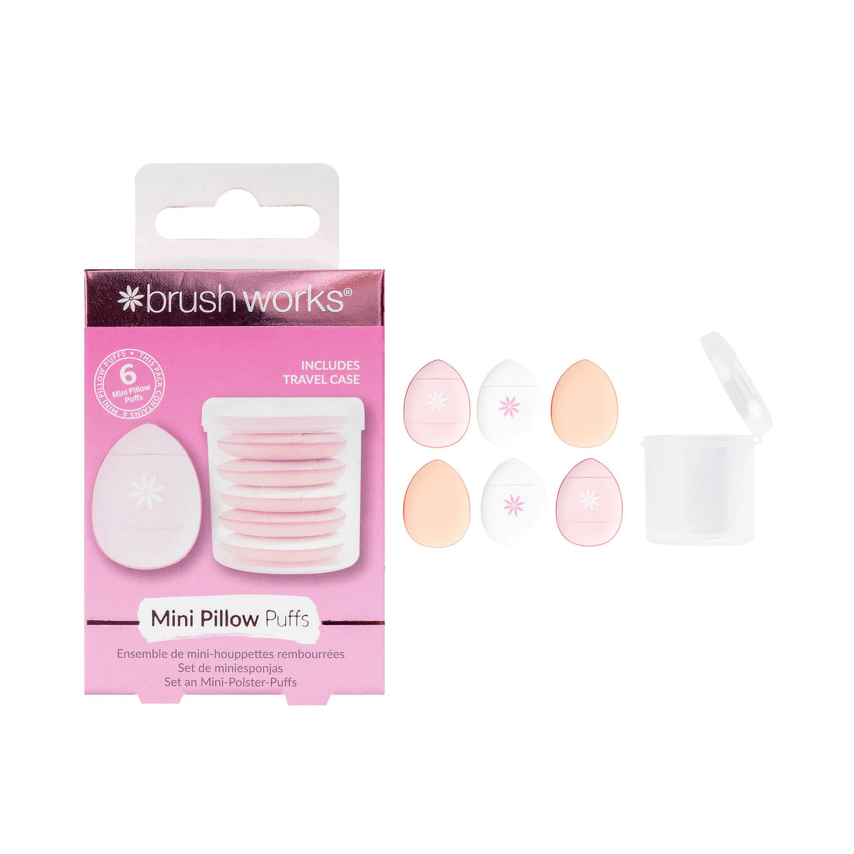 Brushworks Mini Pillow Puffs – 6 Beauty Sponges with Travel Case, Triangular Makeup Sponges for Precision Blending, Setting & Contouring, Ultra-Soft, Vegan & Cruelty-Free