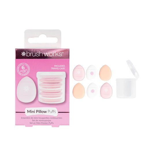 Brushworks Mini Pillow Puffs – 6 Beauty Sponges with Travel Case, Triangular Makeup Sponges for Precision Blending, Setting & Contouring, Ultra-Soft, Vegan & Cruelty-Free