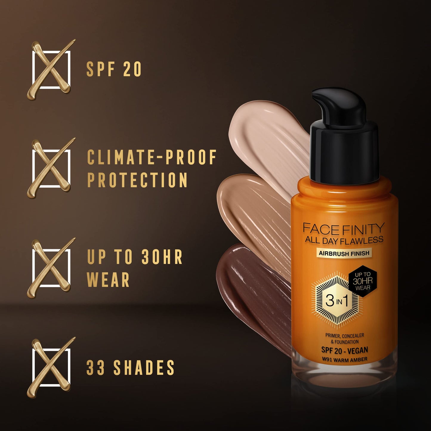 Max Factor Facefinity 3-in-1 All Day Flawless Liquid Foundation, SPF 20 - 91 Warm Amber, 30 ml