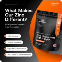 varsons Zinc Bisglycinate 25mg with Copper - Chelated High Absorption Zinc Supplements for Immunity, Skin, Bones & Hair - 6 Month Supply, Vegan-Friendly & Magnesium Stearate-Free