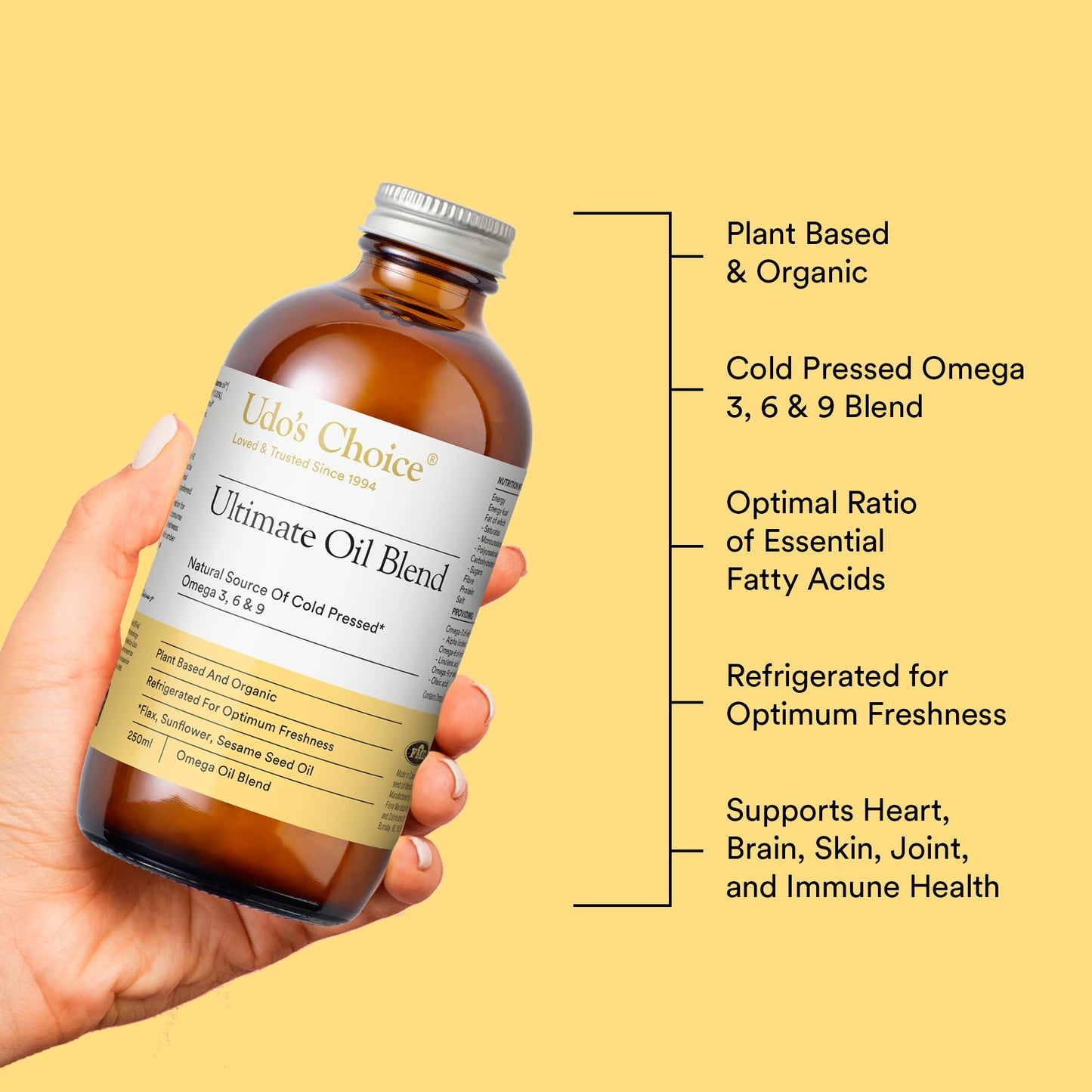 Premium Natural Source of Vegan Omega 3, 6 & 9 – Udo's Choice Ultimate Oil Blend - Cold Pressed – Plant-Based – Unprocessed – Supports Optimum Health – 250ml