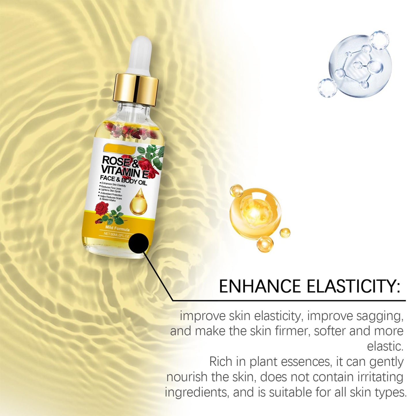 Tianyue Rose Vitamin E Oil,60ml Rose Vitamin E Face & Body Oil, Rose Vitamin E Oil for Skin Anti-Aging Hydrating,Used for anti-Wrinkle, Stretch Marks, Facial Massage and 100% Natural Vitamin E Oil