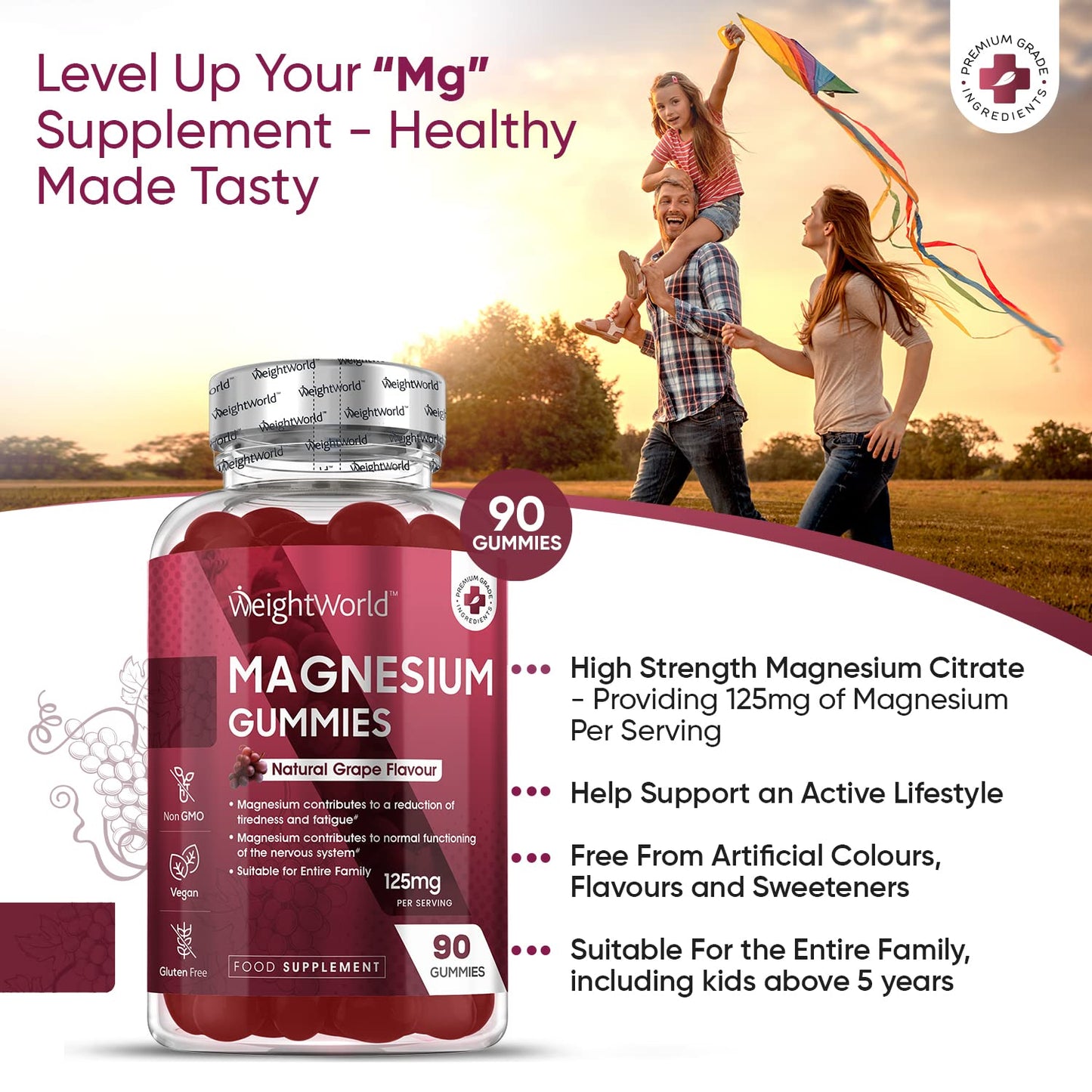 Magnesium Gummies - 90 Vegan Gummies - 1136mg Magnesium Citrate Offering 125mg Magnesium - for Adults & Kids (5 Years+) - Chewable Magnesium Supplements for Women & Men - 45 Days Supply -Gluten Free