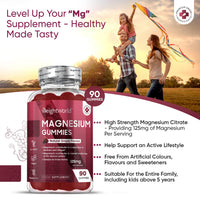 Magnesium Gummies - 90 Vegan Gummies - 1136mg Magnesium Citrate Offering 125mg Magnesium - for Adults & Kids (5 Years+) - Chewable Magnesium Supplements for Women & Men - 45 Days Supply -Gluten Free