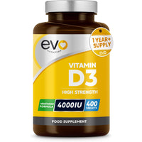 EVO NUTRITION Vitamin D 4000IU High Strength Supplement | 400 Vitamin D3 Tablets - 13 Months' Supply | VIT D3 | One-a-Day | High Absorption Cholecalciferol | Made in UK